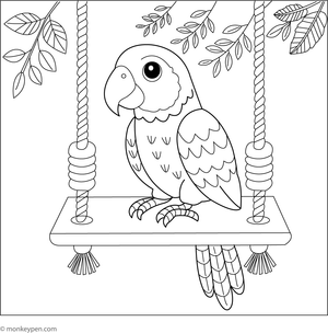 Printable parrot colouring sheet showing a parrot swinging joyfully on a leafy vine in the jungle.
