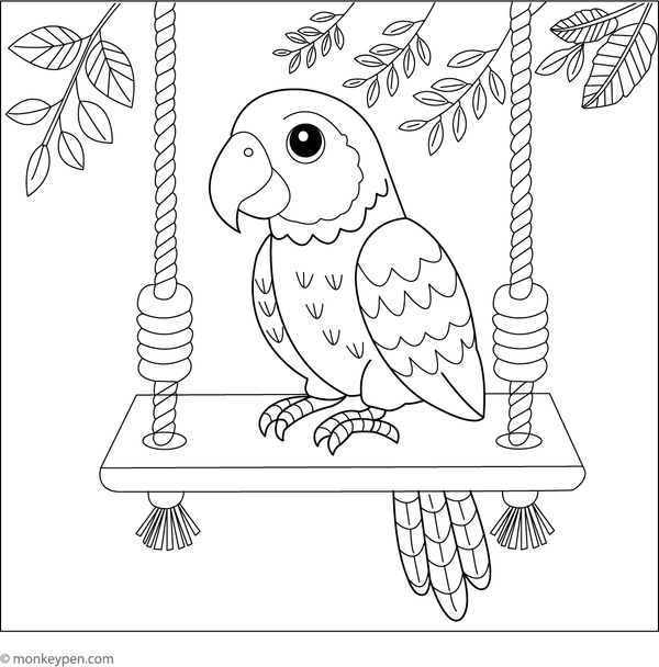 Printable parrot colouring sheet showing a parrot swinging joyfully on a leafy vine in the jungle.
