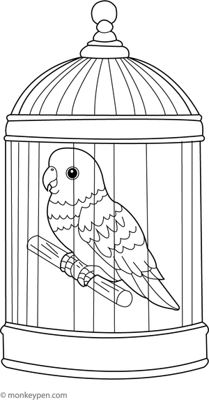 Cute colouring page of a parrot perched inside a decorative birdcage, a fun indoor bird scene for children.
