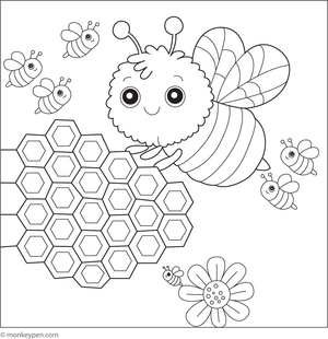 Bumblebee exploring a honeycomb with hexagonal cells and dripping honey.
