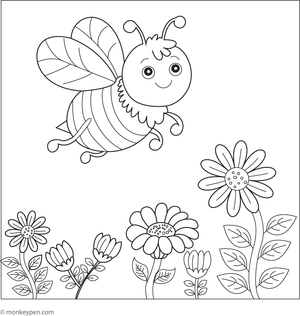Bumblebee flying through a colorful wildflower field with various flowers and plants.
