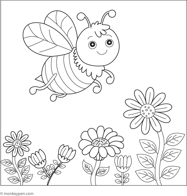 Bumblebee flying through a colorful wildflower field with various flowers and plants.

