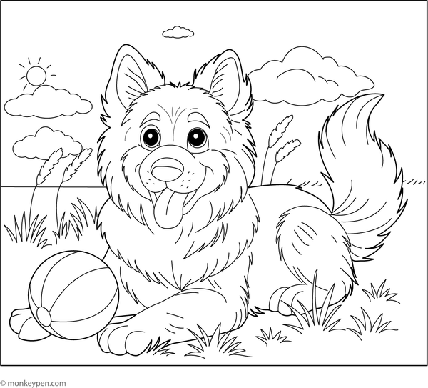 Free Printable German Shepherd with a Ball Colorng image for Childrenn