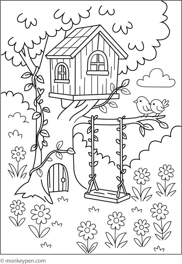 Scene depicting a garden swing and treehouse amidst trees and flowers, ready for coloring.
