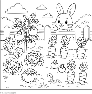 Vegetable garden with a bunny sitting nearby, surrounded by produce and greenery, ready for coloring.
