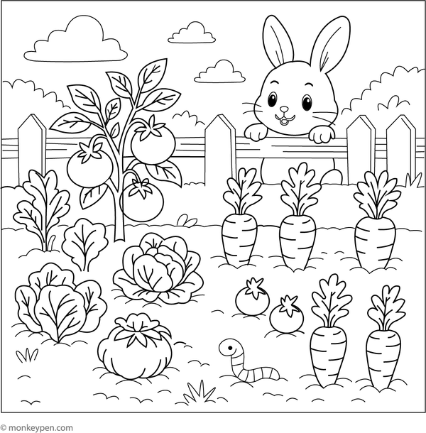 Vegetable garden with a bunny sitting nearby, surrounded by produce and greenery, ready for coloring.

