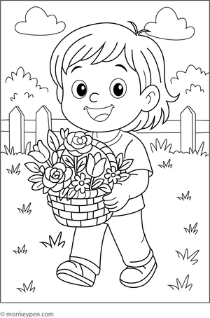 Child holding a basket of freshly picked flowers, set against a garden background, ready for coloring.
