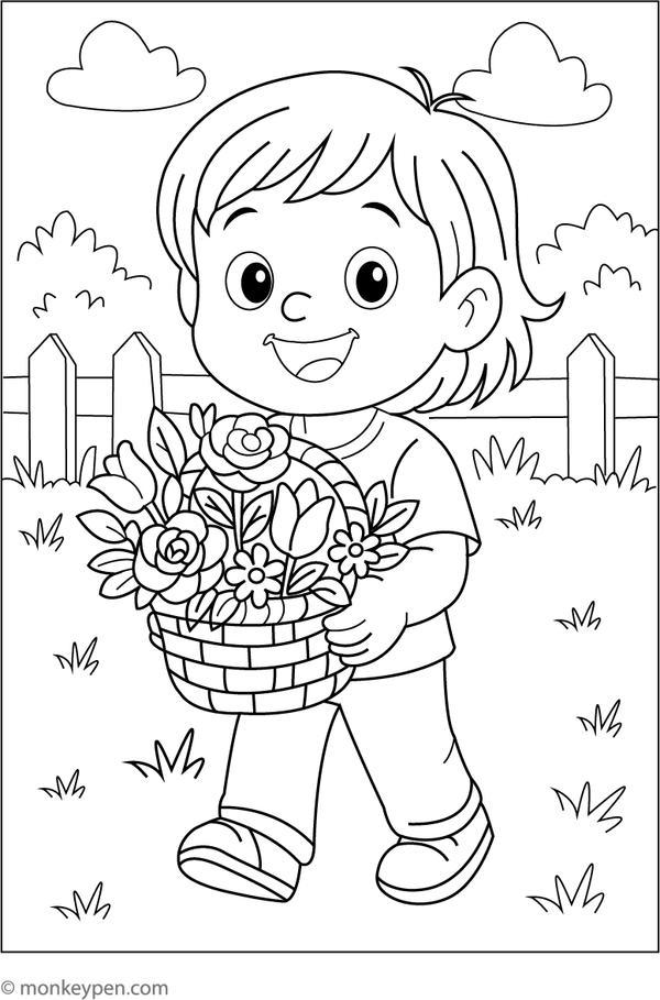 Child holding a basket of freshly picked flowers, set against a garden background, ready for coloring.
