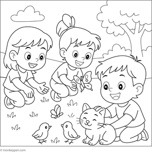 Child interacting with garden animals like rabbits and birds, surrounded by flowers and greenery, ready for coloring.
