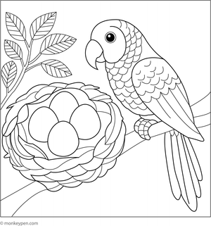 Colouring page featuring a proud parrot watching over a nest of eggs, a nature-inspired printable for kids.