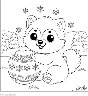 Husky holding or playing with a snowball, preparing for a winter game, set against a wintery scene for coloring.