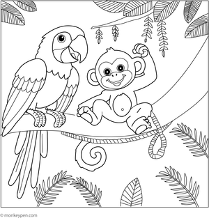 Jungle-themed colouring sheet with a happy parrot and its playful monkey friend, great for storytelling fun.
