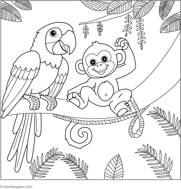 Jungle-themed colouring sheet with a happy parrot and its playful monkey friend, great for storytelling fun.
