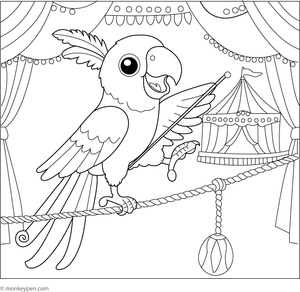 Printable colouring page of a circus parrot performing tricks, a cheerful scene full of fun and imagination.