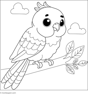 Sweet and simple colouring page of a cute little parakeet, a great printable for younger children.
r.
