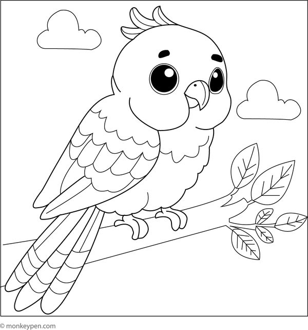 Sweet and simple colouring page of a cute little parakeet, a great printable for younger children.
r.
