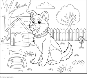 German Shepherd resting inside a doghouse with a surrounding yard, crafted for engaging coloring fun.