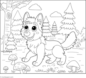German Shepherd exploring a forest with trees, bushes, and wildlife elements, perfect for nature-themed coloring.  
