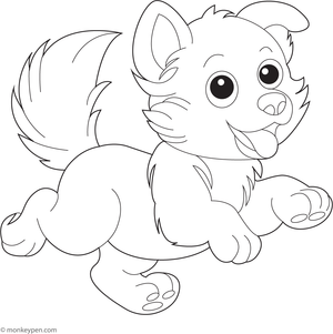  Playful Siberian Husky puppy jumping happily with floppy ears and wagging tail, suitable for coloring activities.