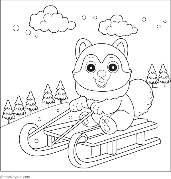  Husky pulling a sled through snow, illustrating movement and winter scenery for coloring purposes.