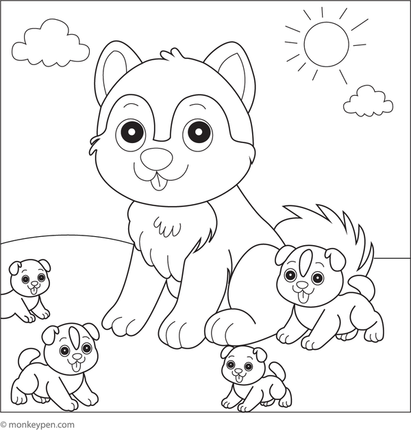 Husky with a group of playful puppies, engaging in running and playing in a grassy area.