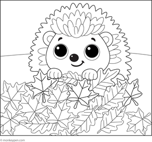  A hedgehog playing among a colorful pile of autumn leaves, ideal for creative coloring.  