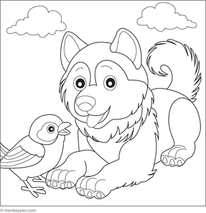 Husky puppy observing a small bird perched nearby, amidst grass and flowers for children to color. 