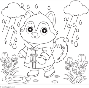 Husky walking in a rainstorm with an umbrella or splashing in puddles, capturing rainy-day fun to be colored. 