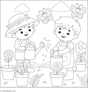 llustration of two children watering a diverse array of garden plants and flowers, ready for coloring.