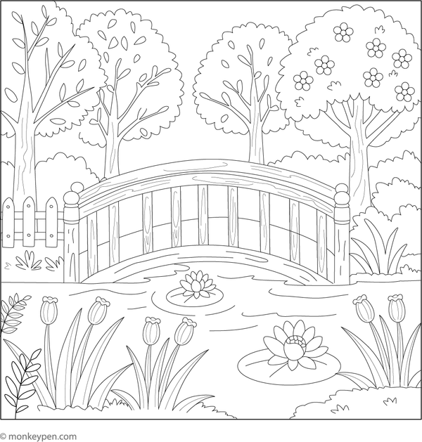 Scene of a wooden bridge amid a lush garden with flowers and trees, designed for children to color.
