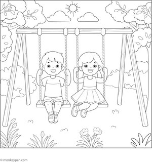 Kids on Swing Coloring Page