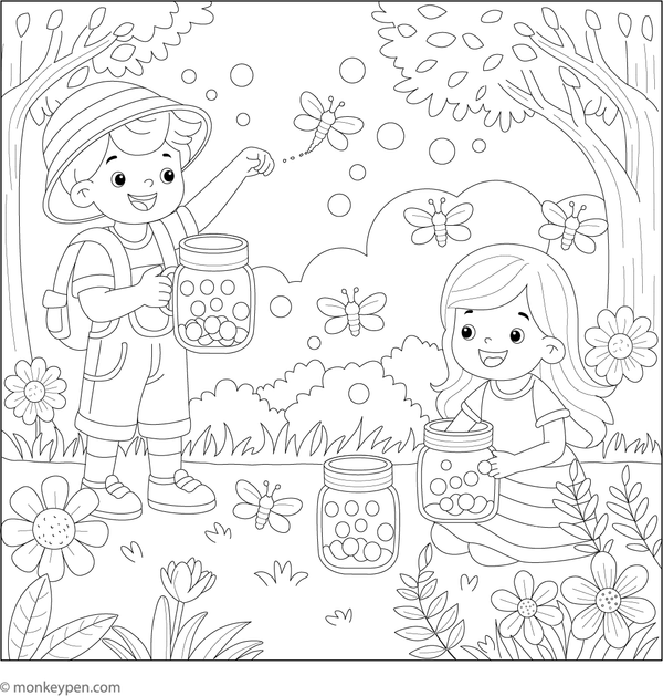 Scene of children chasing glowing fireflies amidst flowers and trees, designed for coloring.