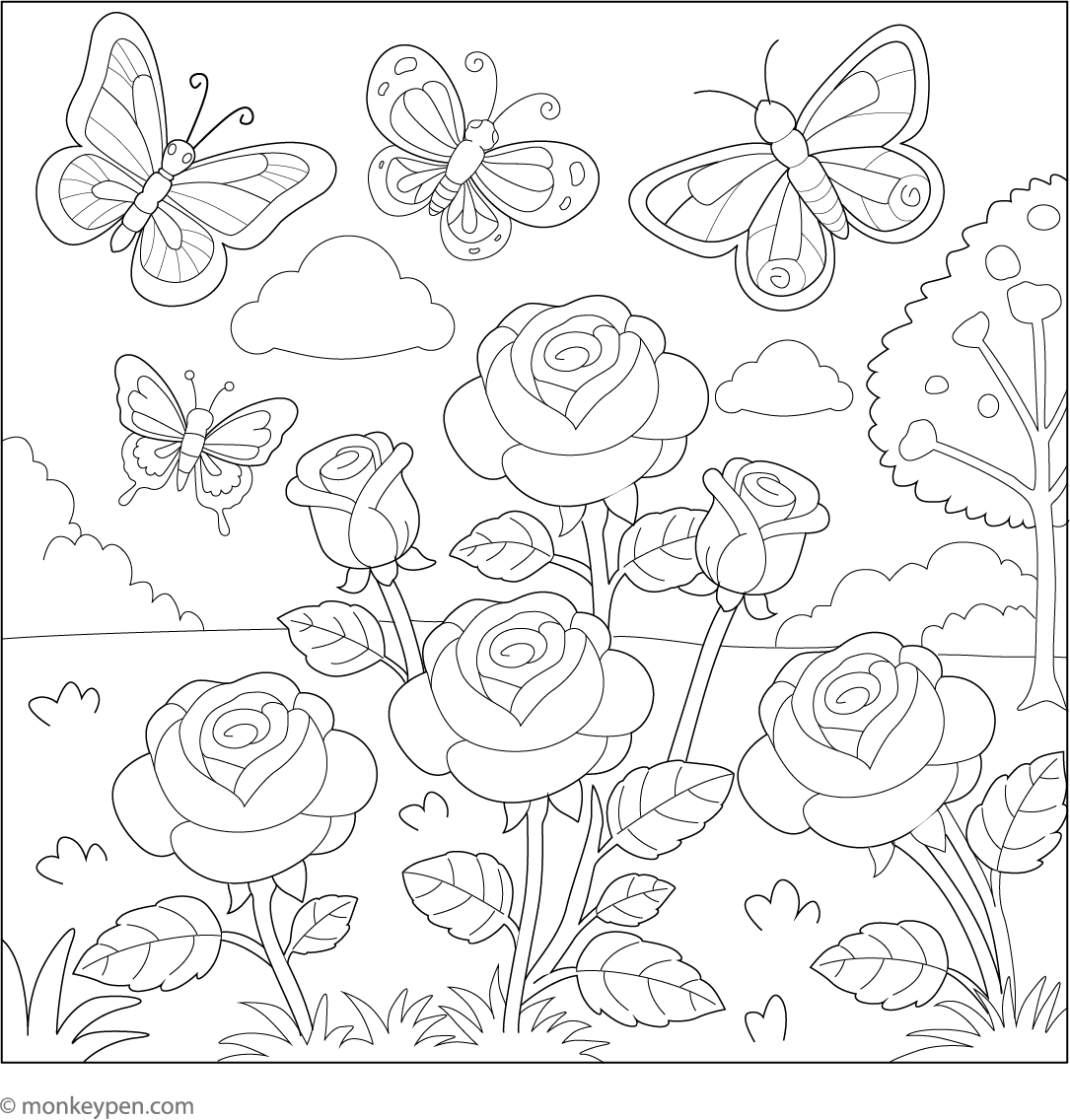 Rose Garden with Butterflies Coloring Page PDF