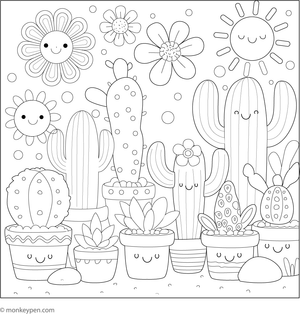 Desert-inspired garden scene with various cacti and succulents for creative coloring