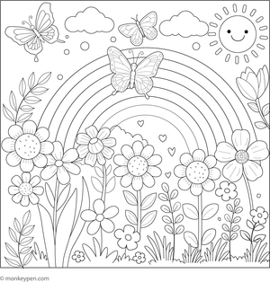Bright garden scene featuring a rainbow arching across the sky for children to color.