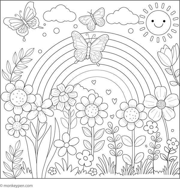 Bright garden scene featuring a rainbow arching across the sky for children to color.