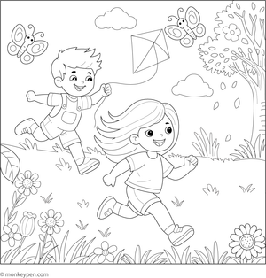 Scene of children running and playing amidst flowers and trees in a vibrant garden, ready for coloring.