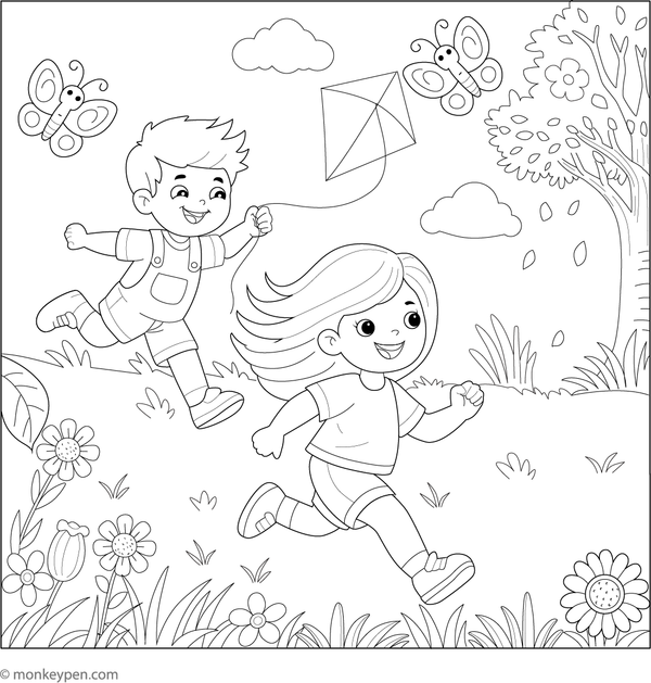 Scene of children running and playing amidst flowers and trees in a vibrant garden, ready for coloring.