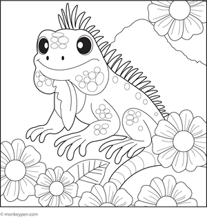 Smiling iguana showing a happy expression, perfect for children to colour