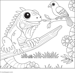 Iguana interacting with a small bird in a jungle setting ready for colouring