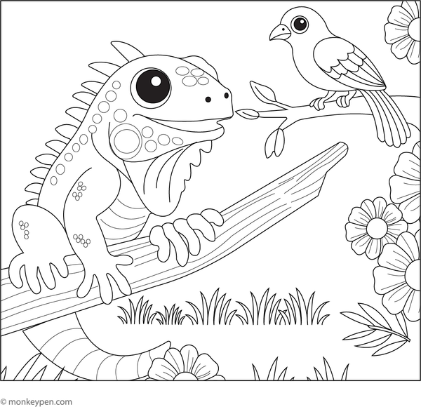 Iguana interacting with a small bird in a jungle setting ready for colouring