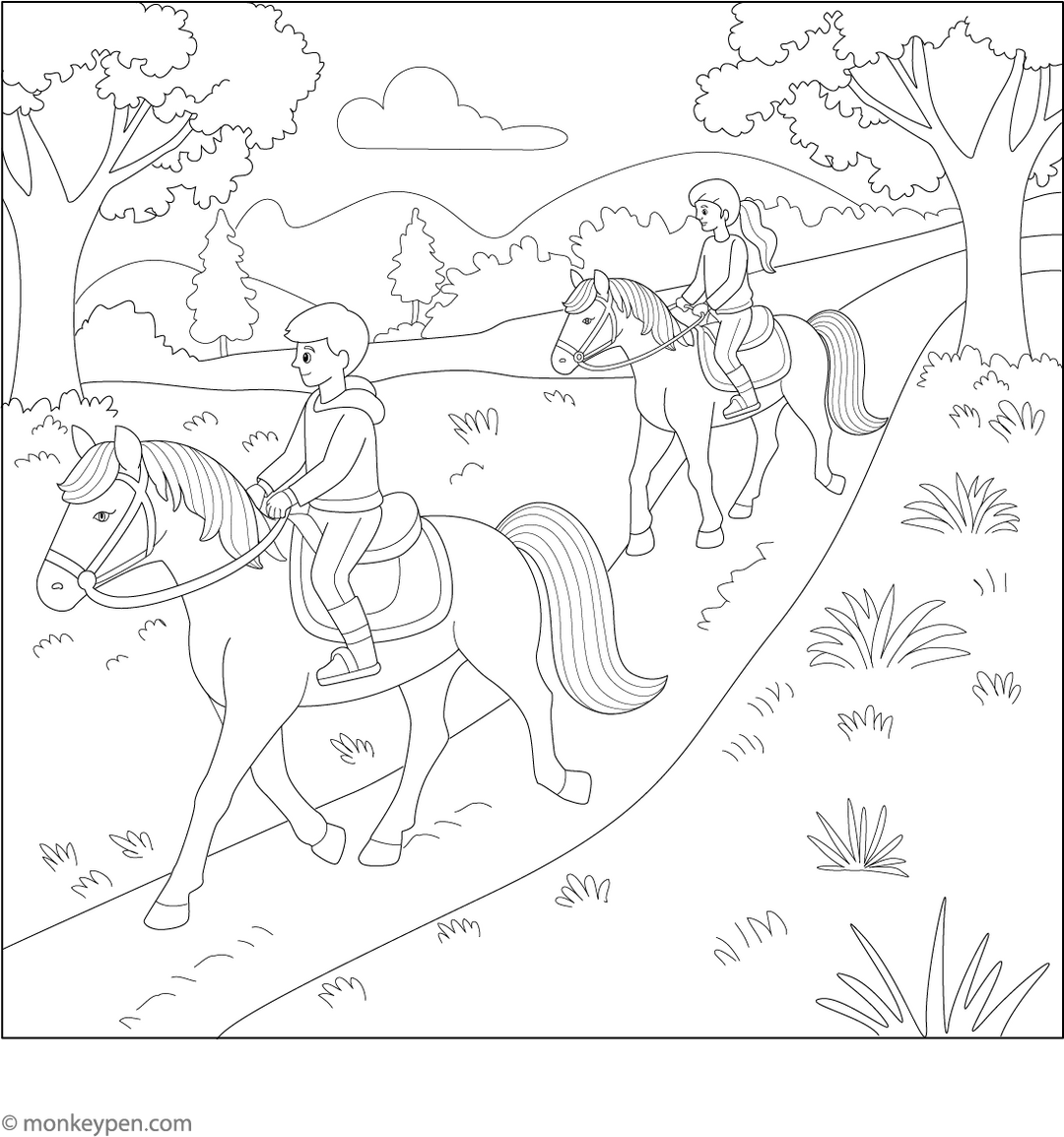 Printable Horse Riding Coloring Sheet – Free PDF for Kids