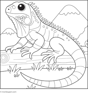 Iguana resting on a log in a forest scene, ready for children to colour