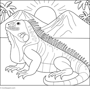 Iguana resting on a log in a forest scene, ready for children to colour