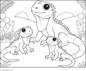 Iguana with family of iguanas in a leafy environment for children to colour