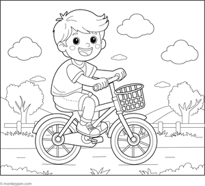  Child riding a bicycle outdoors, designed for coloring.