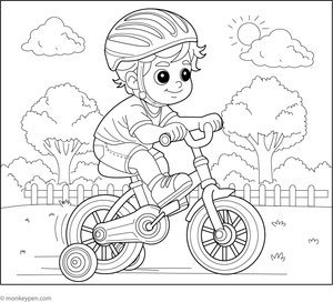  Child practicing riding a bicycle with training wheels, ready for coloring.
