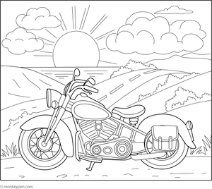  Sunset scene with a motorcycle, designed as a printable coloring activity for children.