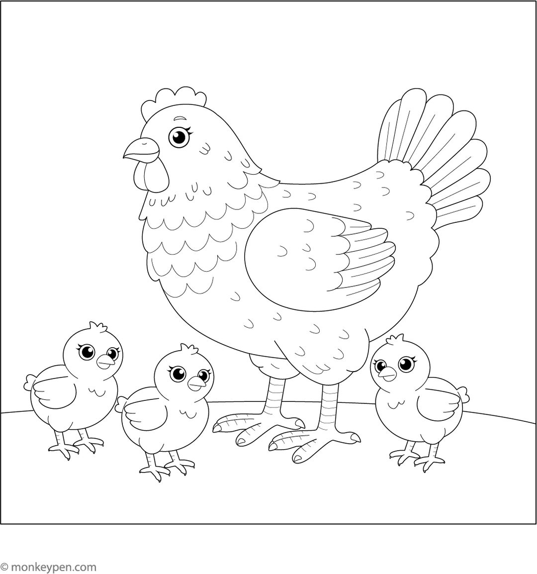 Hen & Chicks Coloring Page – Farm Animal Printable for Kids