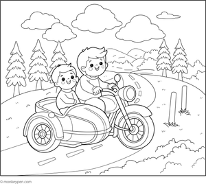 Adventure-themed motorcycle with sidecar, available as a free printable activity for kids.
